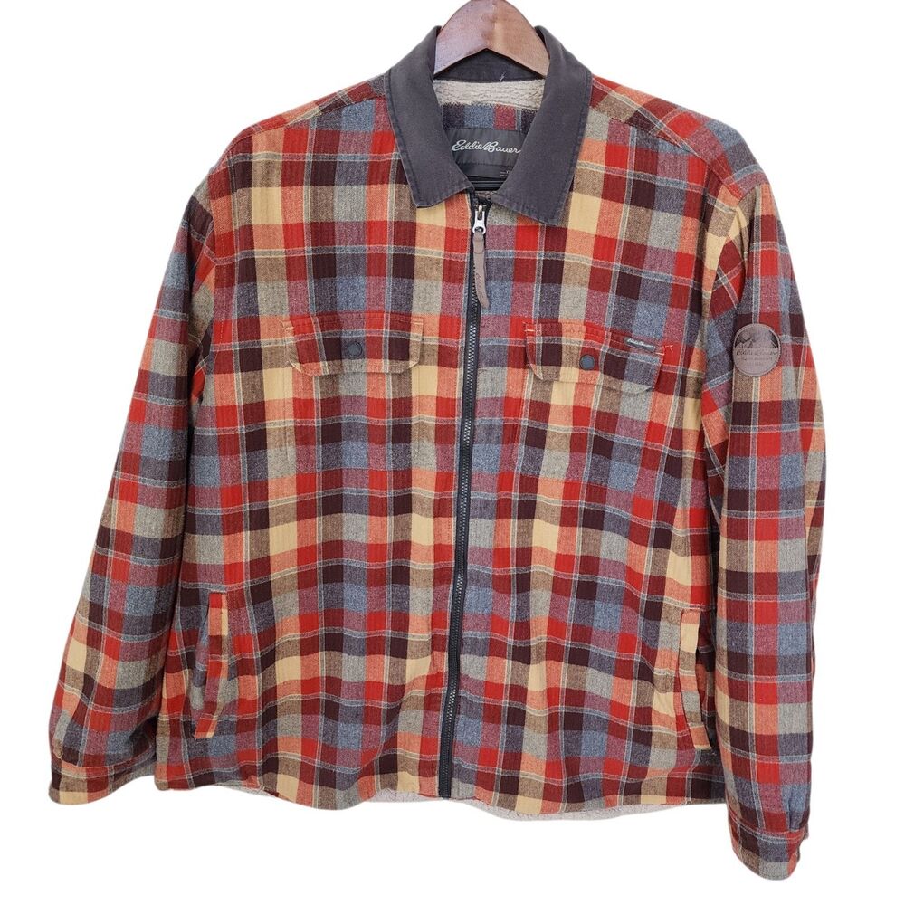 Eddie Bauer Mens XXL Sherpa Lined Flannel Shirt Jacket Plaid Zip Up Cotton Thick